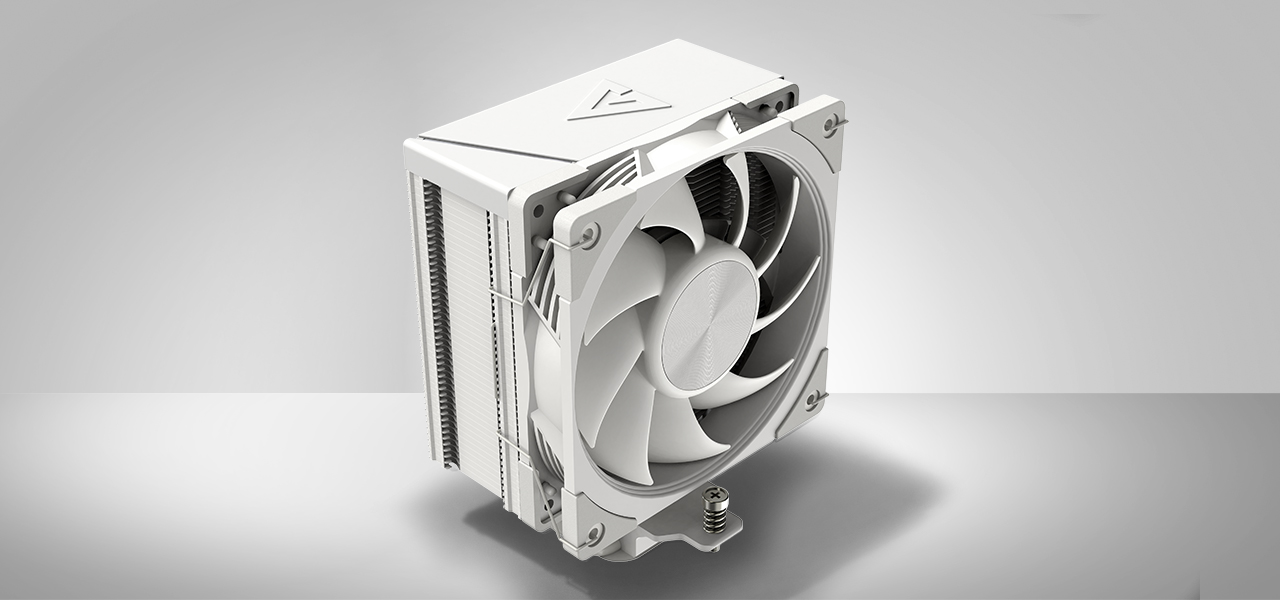 Zdjęcie chłodzenia MODECOM Volcano 0C na jasnym tle, widok pod kątem z góry z widocznym od frontu wentylatorem