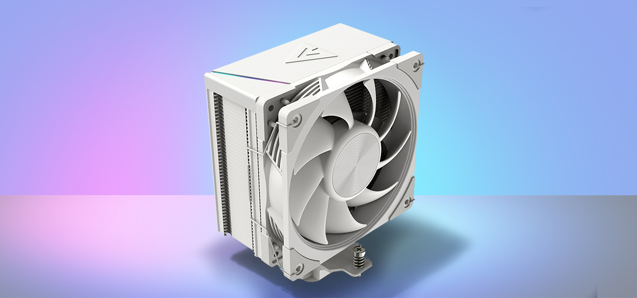 Zdjęcie chłodzenia MODECOM Volcano 0C na kolorowym tle, widok pod kątem z góry z widocznym od frontu wentylatorem