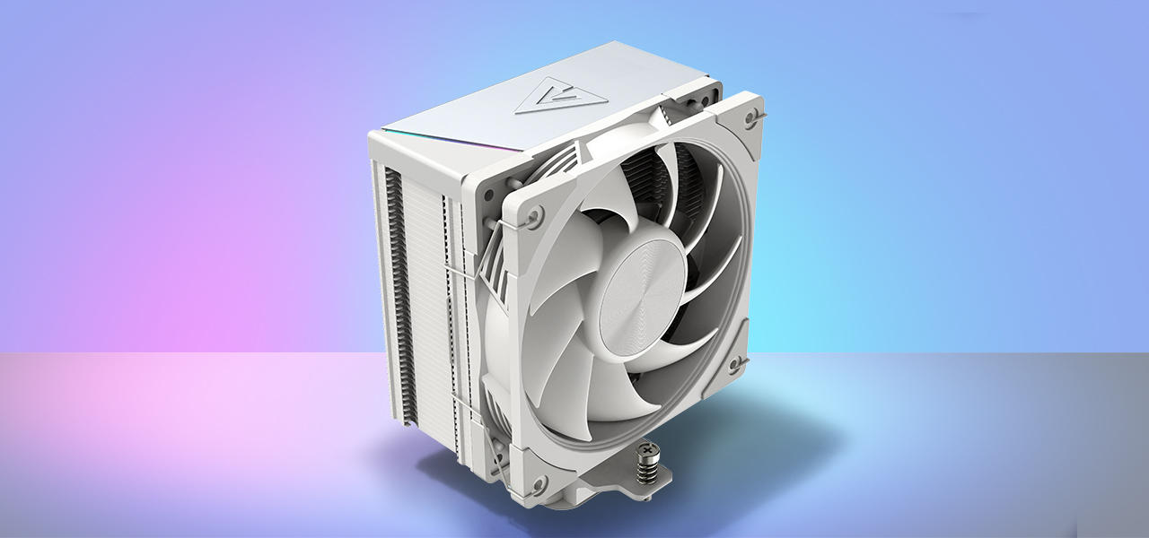 Zdjęcie chłodzenia MODECOM Volcano 0C na kolorowym tle, widok pod kątem z góry z widocznym od frontu wentylatorem i aluminiowym topem